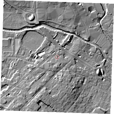 Shaded relief map of the ground around CM20PP, computed from Environment Agency LiDAR. The ground here sits at about 26 m above sea level and falls 12 m across the surrounding 800 m. Surface water reaching this point runs off ground lying to the south-south-west, 3.3 m higher.