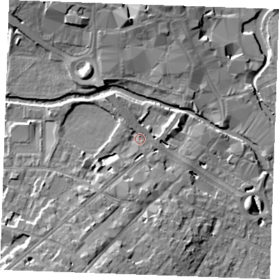Shaded relief map of the ground around CM20PW, computed from Environment Agency LiDAR. The ground here sits at about 25 m above sea level and falls 11 m across the surrounding 800 m. Surface water reaching this point runs off ground lying to the south-south-west, 8.9 m higher.