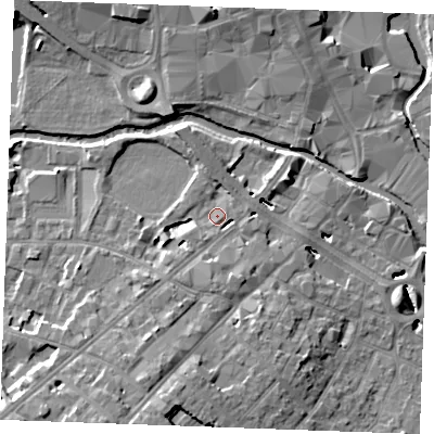Shaded relief map of the ground around CM20QH, computed from Environment Agency LiDAR. The ground here sits at about 25 m above sea level and falls 12 m across the surrounding 800 m. Surface water reaching this point runs off ground lying to the south-west, 9.8 m higher.