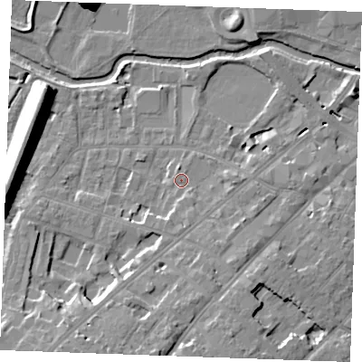 Shaded relief map of the ground around CM20QX, computed from Environment Agency LiDAR. The ground here sits at about 27 m above sea level and falls 16 m across the surrounding 800 m. Surface water reaching this point runs off ground lying to the south-south-east, 1.8 m higher.