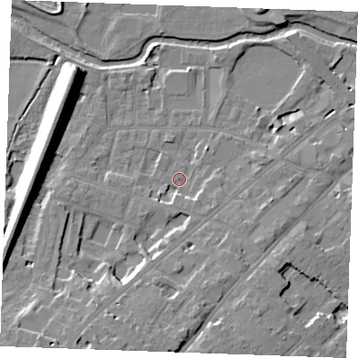 Shaded relief map of the ground around CM20RB, computed from Environment Agency LiDAR. The ground here sits at about 26 m above sea level and falls 16 m across the surrounding 800 m. Surface water reaching this point runs off ground lying to the south, 4.8 m higher.
