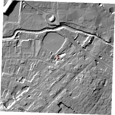 Shaded relief map of the ground around CM20RE, computed from Environment Agency LiDAR. The ground here sits at about 27 m above sea level and falls 15 m across the surrounding 800 m. Surface water reaching this point runs off ground lying to the south-west, 11.2 m higher.