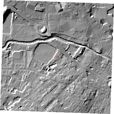 Shaded relief map of the ground around CM20RF, computed from Environment Agency LiDAR. The ground here sits at about 25 m above sea level and falls 16 m across the surrounding 800 m. Surface water reaching this point runs off ground lying to the south-south-west, 9.0 m higher.