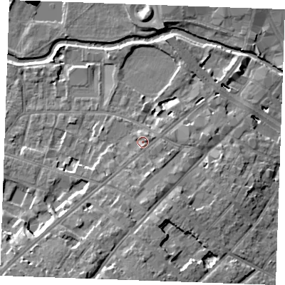 Shaded relief map of the ground around CM20RG, computed from Environment Agency LiDAR. The ground here sits at about 28 m above sea level and falls 16 m across the surrounding 800 m. Surface water reaching this point runs off ground lying to the south-west, 9.9 m higher.