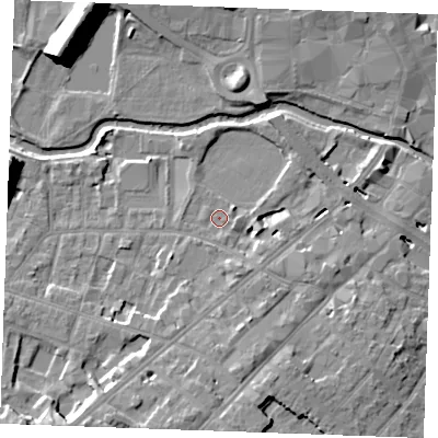 Shaded relief map of the ground around CM20RN, computed from Environment Agency LiDAR. The ground here sits at about 26 m above sea level and falls 15 m across the surrounding 800 m. Surface water reaching this point runs off ground lying to the south-south-east, 3.2 m higher.
