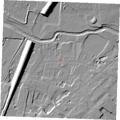 Shaded relief map of the ground around CM20RR, computed from Environment Agency LiDAR. The ground here sits at about 26 m above sea level and falls 16 m across the surrounding 800 m. Surface water reaching this point runs off ground lying to the south, 5.0 m higher.