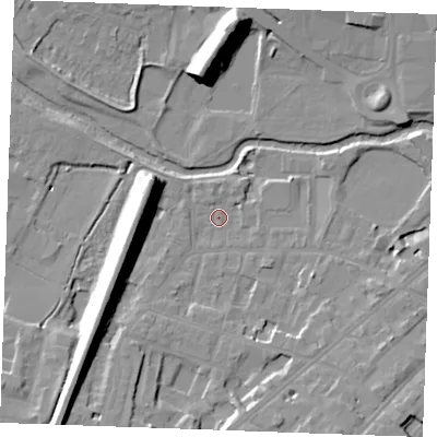Shaded relief map of the ground around CM20RS, computed from Environment Agency LiDAR. The ground here sits at about 25 m above sea level and falls 16 m across the surrounding 800 m. Surface water reaching this point runs off ground lying to the south-west, 8.6 m higher.