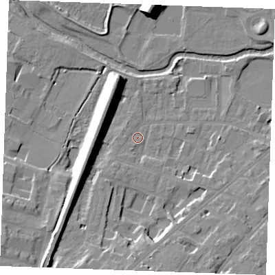 Shaded relief map of the ground around CM20RT, computed from Environment Agency LiDAR. The ground here sits at about 26 m above sea level and falls 16 m across the surrounding 800 m. Surface water reaching this point runs off ground lying to the south-west, 13.1 m higher.