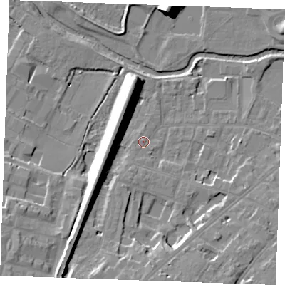 Shaded relief map of the ground around CM20RU, computed from Environment Agency LiDAR. The ground here sits at about 27 m above sea level and falls 17 m across the surrounding 800 m. Surface water reaching this point runs off ground lying to the south-south-west, 1.6 m higher.