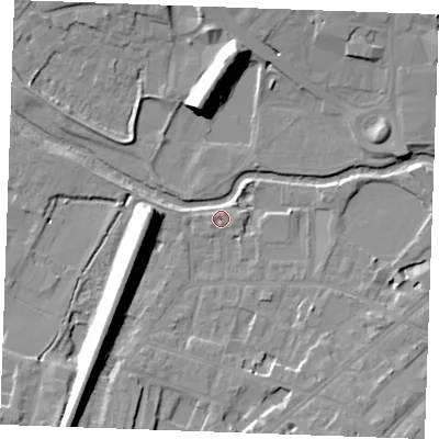 Shaded relief map of the ground around CM20RW, computed from Environment Agency LiDAR. The ground here sits at about 25 m above sea level and falls 15 m across the surrounding 800 m. Surface water reaching this point runs off ground lying to the south-west, 14.7 m higher.