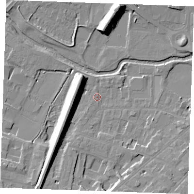 Shaded relief map of the ground around CM20RX, computed from Environment Agency LiDAR. The ground here sits at about 26 m above sea level and falls 16 m across the surrounding 800 m. Surface water reaching this point runs off ground lying to the south-south-west, 8.9 m higher.