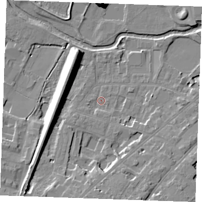 Shaded relief map of the ground around CM20RY, computed from Environment Agency LiDAR. The ground here sits at about 26 m above sea level and falls 17 m across the surrounding 800 m. Surface water reaching this point runs off ground lying to the south-west, 14.2 m higher.