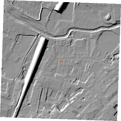 Shaded relief map of the ground around CM20RZ, computed from Environment Agency LiDAR. The ground here sits at about 26 m above sea level and falls 16 m across the surrounding 800 m. Surface water reaching this point runs off ground lying to the south-west, 13.3 m higher.