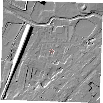 Shaded relief map of the ground around CM20SA, computed from Environment Agency LiDAR. The ground here sits at about 26 m above sea level and falls 17 m across the surrounding 800 m. Surface water reaching this point runs off ground lying to the south-south-east, 3.5 m higher.