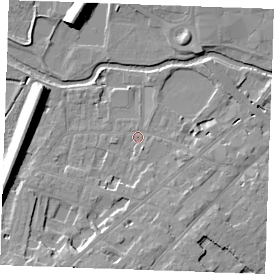 Shaded relief map of the ground around CM20SB, computed from Environment Agency LiDAR. The ground here sits at about 26 m above sea level and falls 16 m across the surrounding 800 m. Surface water reaching this point runs off ground lying to the south-south-west, 5.0 m higher.