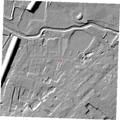 Shaded relief map of the ground around CM20SE, computed from Environment Agency LiDAR. The ground here sits at about 26 m above sea level and falls 16 m across the surrounding 800 m. Surface water reaching this point runs off ground lying to the south-south-west, 5.0 m higher.