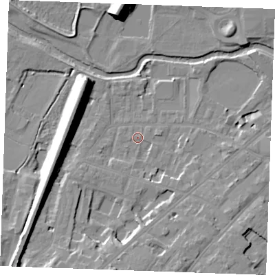Shaded relief map of the ground around CM20SF, computed from Environment Agency LiDAR. The ground here sits at about 26 m above sea level and falls 16 m across the surrounding 800 m. Surface water reaching this point runs off ground lying to the south-south-east, 3.5 m higher.