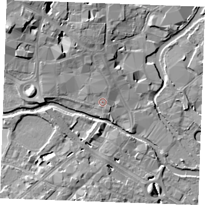 Shaded relief map of the ground around CM20SP, computed from Environment Agency LiDAR. The ground here sits at about 26 m above sea level and falls 12 m across the surrounding 800 m. Surface water reaching this point runs off ground lying to the north, 1.4 m higher.