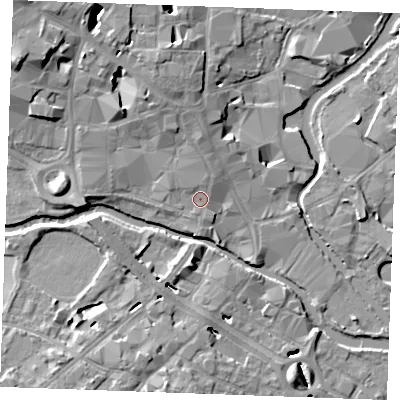 Shaded relief map of the ground around CM20SW, computed from Environment Agency LiDAR. The ground here sits at about 26 m above sea level and falls 12 m across the surrounding 800 m. Surface water reaching this point runs off ground lying to the north, 1.3 m higher.