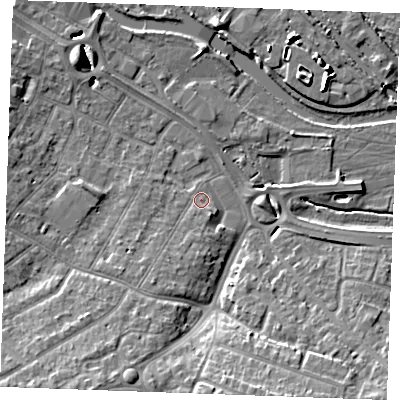 Shaded relief map of the ground around CM20TN, computed from Environment Agency LiDAR. The ground here sits at about 24 m above sea level and falls 13 m across the surrounding 800 m. Surface water reaching this point runs off ground lying to the south-south-west, 3.7 m higher.