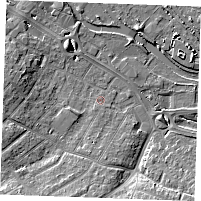 Shaded relief map of the ground around CM20TR, computed from Environment Agency LiDAR. The ground here sits at about 24 m above sea level and falls 11 m across the surrounding 800 m. Surface water reaching this point runs off ground lying to the south, 1.6 m higher.