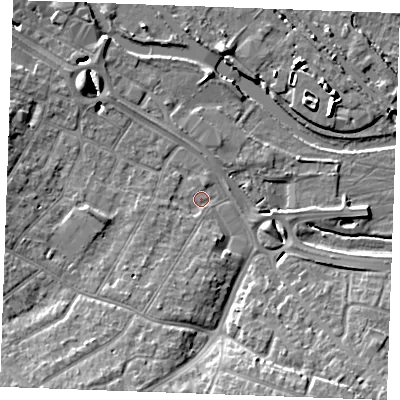 Shaded relief map of the ground around CM20TW, computed from Environment Agency LiDAR. The ground here sits at about 23 m above sea level and falls 11 m across the surrounding 800 m. Surface water reaching this point runs off ground lying to the south-west, 3.8 m higher.
