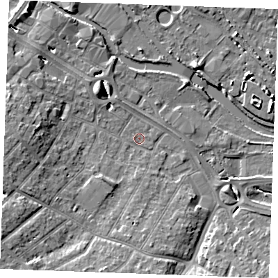 Shaded relief map of the ground around CM20UH, computed from Environment Agency LiDAR. The ground here sits at about 23 m above sea level and falls 10 m across the surrounding 800 m. Surface water reaching this point runs off ground lying to the south-west, 7.6 m higher.