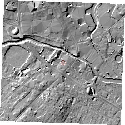 Shaded relief map of the ground around CM20UU, computed from Environment Agency LiDAR. The ground here sits at about 25 m above sea level and falls 11 m across the surrounding 800 m. Surface water reaching this point runs off ground lying to the south-west, 5.0 m higher.