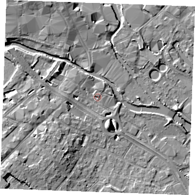 Shaded relief map of the ground around CM20WP, computed from Environment Agency LiDAR. The ground here sits at about 24 m above sea level and falls 11 m across the surrounding 800 m. Surface water reaching this point runs off ground lying to the north-north-west, 2.0 m higher.