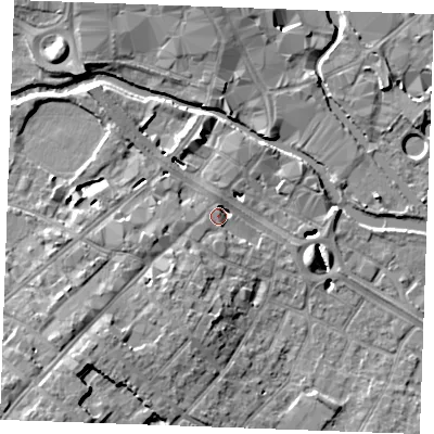Shaded relief map of the ground around CM20XQ, computed from Environment Agency LiDAR. The ground here sits at about 25 m above sea level and falls 12 m across the surrounding 800 m. Surface water reaching this point runs off ground lying to the south-west, 11.0 m higher.