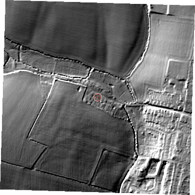 Shaded relief map of the ground around CM210BW, computed from Environment Agency LiDAR. The ground here sits at about 63 m above sea level and falls 19 m across the surrounding 800 m. Surface water reaching this point runs off ground lying to the west-south-west, 7.4 m higher.