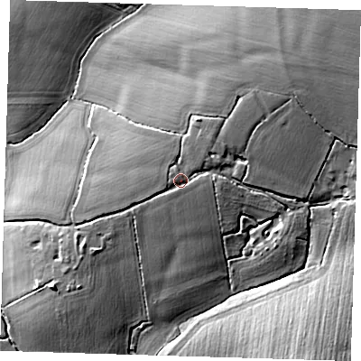 Shaded relief map of the ground around CM210LB, computed from Environment Agency LiDAR. The ground here sits at about 75 m above sea level and falls 21 m across the surrounding 800 m. Surface water reaching this point runs off ground lying to the north-north-east, 4.1 m higher.