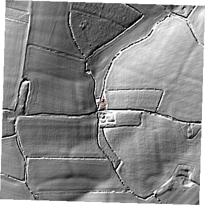 Shaded relief map of the ground around CM210LP, computed from Environment Agency LiDAR. The ground here sits at about 73 m above sea level and falls 13 m across the surrounding 800 m. Surface water reaching this point runs off ground lying to the east, 10.6 m higher.