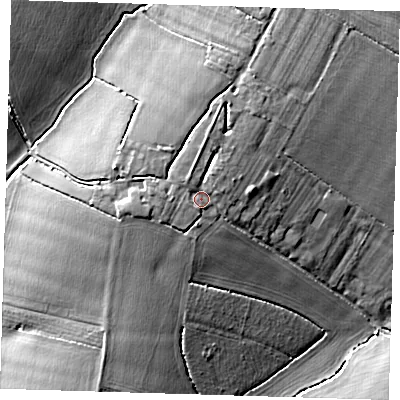 Shaded relief map of the ground around CM210LR, computed from Environment Agency LiDAR. The ground here sits at about 84 m above sea level and falls 12 m across the surrounding 800 m. Surface water reaching this point runs off ground lying to the north-north-east, 2.4 m higher.