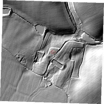 Shaded relief map of the ground around CM210NB, computed from Environment Agency LiDAR. The ground here sits at about 72 m above sea level and falls 27 m across the surrounding 800 m. Surface water reaching this point runs off ground lying to the south-west, 3.9 m higher.