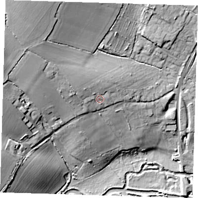 Shaded relief map of the ground around CM210RL, computed from Environment Agency LiDAR. The ground here sits at about 56 m above sea level and falls 32 m across the surrounding 800 m. Surface water reaching this point runs off ground lying to the north-west, 6.9 m higher.