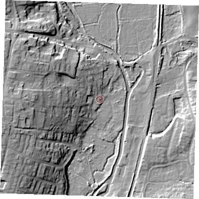 Shaded relief map of the ground around CM219BQ, computed from Environment Agency LiDAR. The ground here sits at about 48 m above sea level and falls 22 m across the surrounding 800 m. Surface water reaching this point runs off ground lying to the west, 19.8 m higher.