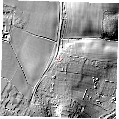 Shaded relief map of the ground around CM219BZ, computed from Environment Agency LiDAR. The ground here sits at about 68 m above sea level and falls 30 m across the surrounding 800 m. Surface water reaching this point runs off ground lying to the south-south-east, 1.4 m higher.
