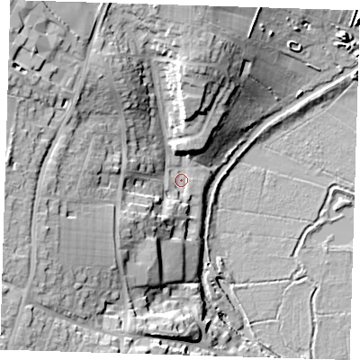 Shaded relief map of the ground around CM219DJ, computed from Environment Agency LiDAR. The ground here sits at about 52 m above sea level and falls 26 m across the surrounding 800 m. Surface water reaching this point runs off ground lying to the west, 20.2 m higher.