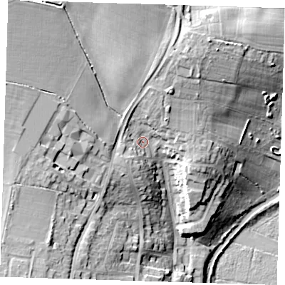 Shaded relief map of the ground around CM219DW, computed from Environment Agency LiDAR. The ground here sits at about 61 m above sea level and falls 28 m across the surrounding 800 m. Surface water reaching this point runs off ground lying to the north-west, 13.8 m higher.