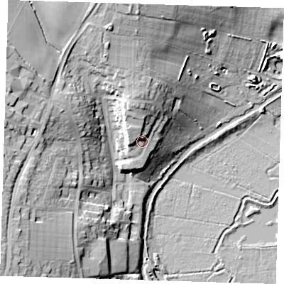 Shaded relief map of the ground around CM219DX, computed from Environment Agency LiDAR. The ground here sits at about 59 m above sea level and falls 24 m across the surrounding 800 m. Surface water reaching this point runs off ground lying to the north-north-west, 5.9 m higher.