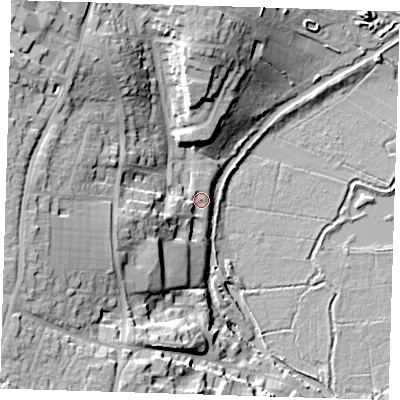 Shaded relief map of the ground around CM219FE, computed from Environment Agency LiDAR. The ground here sits at about 51 m above sea level and falls 24 m across the surrounding 800 m. Surface water reaching this point runs off ground lying to the west-south-west, 6.3 m higher.