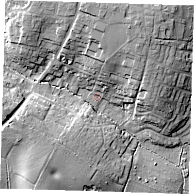 Shaded relief map of the ground around CM219FJ, computed from Environment Agency LiDAR. The ground here sits at about 50 m above sea level and falls 23 m across the surrounding 800 m. Surface water reaching this point runs off ground lying to the north-north-east, 13.9 m higher.