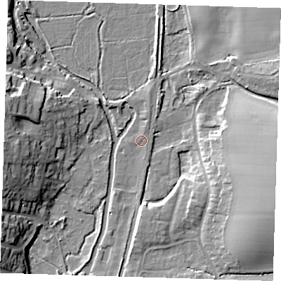 Shaded relief map of the ground around CM219FN, computed from Environment Agency LiDAR. The ground here sits at about 48 m above sea level and falls 18 m across the surrounding 800 m. Surface water reaching this point runs off ground lying to the north-north-east, 1.2 m higher.