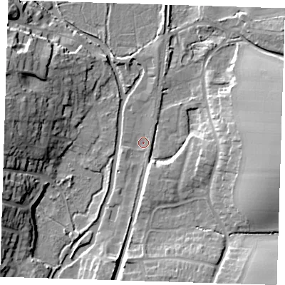 Shaded relief map of the ground around CM219FP, computed from Environment Agency LiDAR. The ground here sits at about 47 m above sea level and falls 18 m across the surrounding 800 m. Surface water reaching this point runs off ground lying to the east, 16.2 m higher.