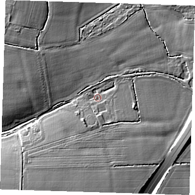 Shaded relief map of the ground around CM219HX, computed from Environment Agency LiDAR. The ground here sits at about 73 m above sea level and falls 14 m across the surrounding 800 m. Surface water reaching this point runs off ground lying to the east-south-east, 4.9 m higher.