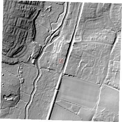 Shaded relief map of the ground around CM219JB, computed from Environment Agency LiDAR. The ground here sits at about 49 m above sea level and falls 20 m across the surrounding 800 m. Surface water reaching this point runs off ground lying to the north-east, 2.8 m higher.