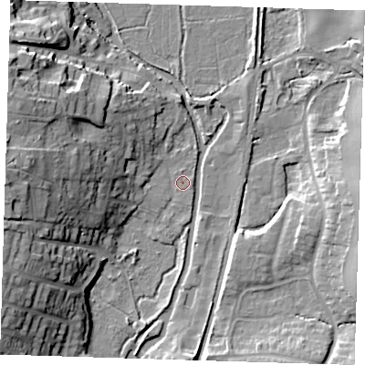 Shaded relief map of the ground around CM219JE, computed from Environment Agency LiDAR. The ground here sits at about 47 m above sea level and falls 21 m across the surrounding 800 m. Surface water reaching this point runs off ground lying to the west, 18.6 m higher.