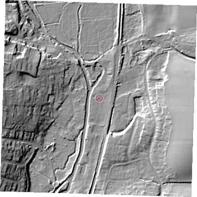 Shaded relief map of the ground around CM219JX, computed from Environment Agency LiDAR. The ground here sits at about 47 m above sea level and falls 18 m across the surrounding 800 m. Surface water reaching this point runs off ground lying to the north-east, 1.1 m higher.