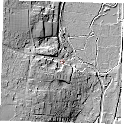 Shaded relief map of the ground around CM219JY, computed from Environment Agency LiDAR. The ground here sits at about 52 m above sea level and falls 24 m across the surrounding 800 m. Surface water reaching this point runs off ground lying to the west-south-west, 18.2 m higher.